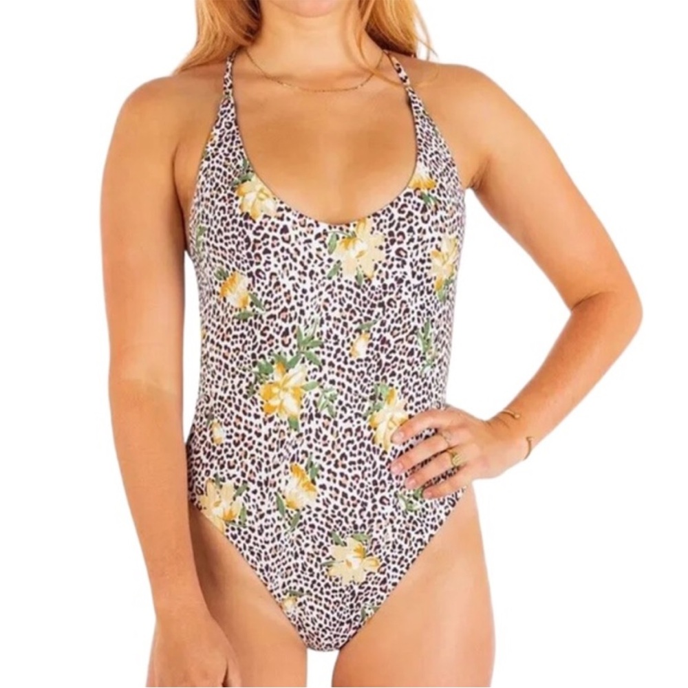 Hurley Floral Leopard Scoop-Back One-Piece Swimsuit in White and Yellow